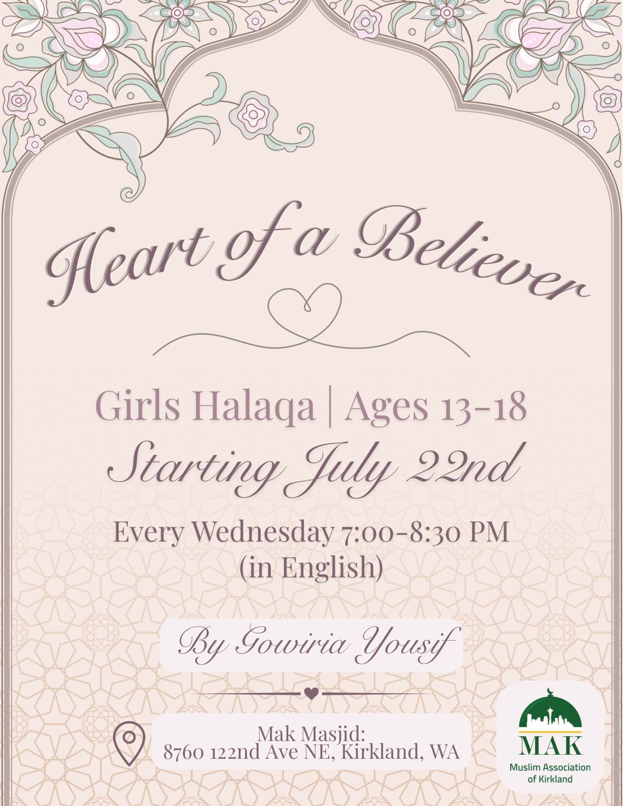 Heart of a Believer — Teen Girls Halaqa flyer