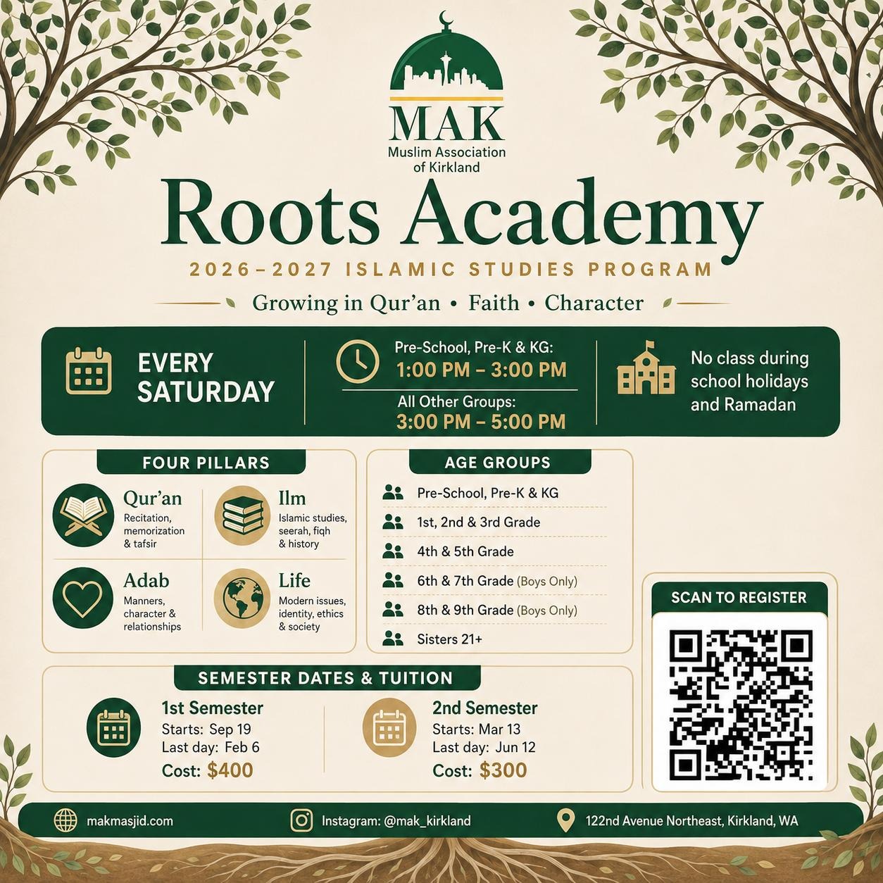 MAK Roots Academy — Saturday School flyer